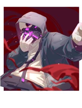 1other alternate_universe asaiiro black_sclera blue_eyes blue_hoodie blurry blurry_foreground border colored_sclera commentary dusttale english_commentary facing_to_the_side gas_mask gloves grey_hood grey_shorts hand_to_own_mouth highres hood hood_up hoodie light_particles looking_down mask open_clothes open_hoodie outside_border outstretched_arm red_background sans_(undertale) shirt shorts skeleton smoke strap white_border white_gloves white_shirt