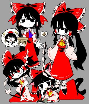 2girls ^_^ animal_ears ascot black_eyes black_hair blue_neckerchief bow box cat_ears cat_tail closed_eyes coin cookie cup detached_sleeves dmebgsa3 donation_box food frilled_bow frilled_hair_tubes frills gohei grey_background hair_bow hair_tubes hakurei_reimu hat highres holding holding_gohei holding_notebook holed_coin kemonomimi_mode multiple_girls neckerchief notebook pen pom_pom_(clothes) ponytail red_bow red_eyes red_hat red_skirt ribbon-trimmed_sleeves ribbon_trim shameimaru_aya skirt skirt_set speech_bubble tail tokin_hat touhou yellow_ascot yunomi