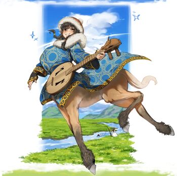 1girl absurdres bird black_hair braid breasts brown_eyes centaur cloud commentary fish fishing_rod grin hair_tie highres holding holding_instrument instrument knife mongolian_clothes monkey_draw original smile solo_focus taur tovshuur twin_braids untranslatable_commentary
