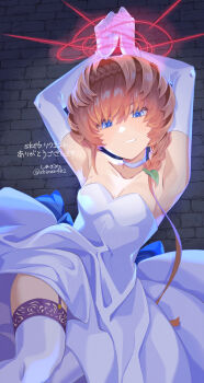 1girl armpits arms_up artoria_pendragon_(fate) bare_shoulders blue_eyes braid breasts choker clenched_teeth cosplay crown_braid dress elbow_gloves fate/grand_order fate/stay_night fate_(series) gloves highres long_hair looking_at_viewer magic_circle orange_hair restrained saber_(fate) saber_(fate)_(cosplay) scene_reference shimaa482 side_braid small_breasts solo teeth thighhighs thighs van_gogh_(fate) white_dress white_gloves white_thighhighs