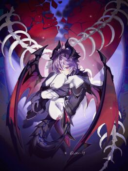 1boy bone boots broken_heart dragon_boy dragon_horns dragon_tail dragon_wings genshin_impact gloves heart highres horns knees_to_chest mini_durin_(genshin_impact) mini_durin_(human)_(genshin_impact) pants solo solo_focus tail w02_14 white_gloves white_pants wings