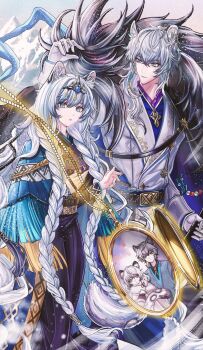 1boy 1girl animal_ear_fluff animal_ears arknights arm_up blue_eyes braid bright_pupils chinese_commentary closed_mouth commentary_request crossed_bangs earrings glint gloves gold hair_between_eyes highres jewelry long_hair looking_at_another looking_at_viewer minuolin outdoors parted_lips pramanix_(arknights) silverash_(arknights) snowing standing twin_braids very_long_hair white_gloves white_hair white_pupils