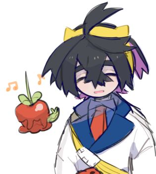 Rule 34 | 1boy, ahoge, apple, black hair, blueberry academy school uniform, closed eyes, colored inner hair, crossed bangs, dipplin, food, fruit, hair between eyes, hairband, jacket, kieran (pokemon), male focus, miaivz, mole, mole on neck, multicolored hair, nintendo, open mouth, pokemon, pokemon (creature), pokemon sv, purple hair, school uniform, sketch, solo focus, stalk eyes, two-tone hair, white jacket, worm, wyrm, yellow hairband