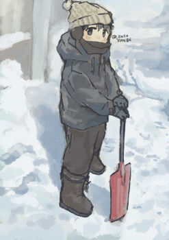 1girl absurdres artist_name beanie boots brown_boots commentary_request day gloves grey_jacket hat highres holding holding_shovel hood hood_down hooded_jacket jacket looking_at_viewer original outdoors sasaxxxx06 shovel snow snow_shovel solo standing twitter_username winter