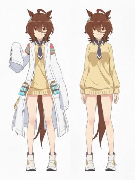 1girl agnes_tachyon_(tach-nology)_(umamusume) agnes_tachyon_(umamusume) ahoge animal_ears bare_legs black_bow black_bowtie bow bowtie breasts brown_eyes brown_hair brown_tail cardigan closed_mouth coat collared_shirt dot_nose ear_ornament earrings female_focus full_body highres horse_ears horse_girl horse_tail jewelry knee_blush lab_coat legs long_sleeves looking_at_viewer medium_breasts medium_hair no_pants sexually_suggestive shirt shirt_under_sweater shoes simple_background sleeves_past_fingers sleeves_past_wrists smile solo solo_focus stitched tail thighs third-party_edit umamusume umamusume:_beginning_of_a_new_era white_background white_coat white_shoes yellow_cardigan