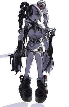 1girl apapapapapaaaap bare_shoulders black_hair black_shoes braid braided_twintails china_dress chinese_clothes commentary_request corded_phone detached_sleeves dialyn_(zenless_zone_zero) dress earrings full_body hair_extensions hair_ornament highres holding holding_phone id_card invisible_chair jewelry long_hair looking_at_viewer multicolored_hair necktie open_mouth panda_hair_ornament phone ring_hair_extensions shadow shoes simple_background sitting solo sparkling_eyes split-color_hair thighhighs white_background white_dress white_hair white_thighhighs wire yellow_eyes yellow_necktie zenless_zone_zero