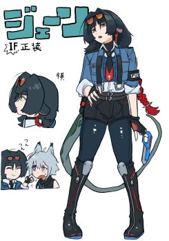 absurdres animal_ears black_hair boots collared_shirt fpwgfnrixm35508 hair_between_eyes highres jacket jane_doe_(zenless_zone_zero) long_sleeves necktie open_mouth police police_uniform policewoman seth_lowell shirt simple_background smile white_background white_shirt zenless_zone_zero