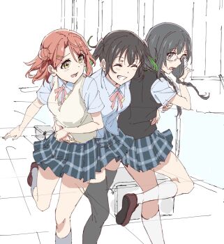 Rule 34 | 3girls, ^ ^, arm around waist, black hair, black thighhighs, black vest, blue shirt, blue skirt, braid, bun with braided base, closed eyes, collared shirt, commentary request, foot out of frame, glasses, gradient hair, green hair, grey eyes, grey socks, grin, hair bun, highres, indoors, kneehighs, leg up, long hair, love live!, love live! nijigasaki high school idol club, low twin braids, medium hair, miniskirt, multicolored hair, multiple girls, nakagawa nana, neck ribbon, nijigasaki school uniform, pink hair, pink ribbon, plaid clothes, plaid skirt, pleated skirt, ribbon, school uniform, semi-rimless eyewear, shirt, short sleeves, single side bun, skirt, smile, socks, sssbii, summer uniform, sweater vest, takasaki yu, thighhighs, twin braids, twintails, uehara ayumu, under-rim eyewear, vest, white socks, yellow sweater vest, yuki setsuna, yuki setsuna (love live!), zettai ryouiki