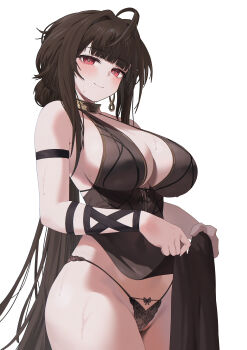 1girl absurdres ahoge arm_strap black_panties breasts brown_hair closed_mouth clothes_lift commentary_request dalssi dress dsr-50_(girls&#039;_frontline) earrings evening_gown girls&#039;_frontline hair_intakes highres jewelry korean_commentary large_breasts lifting_own_clothes long_hair looking_at_viewer loreley_(girls&#039;_frontline_2) panties pelvic_curtain pelvic_curtain_lift red_eyes smile solo striped_clothes striped_panties underwear very_long_hair white_background