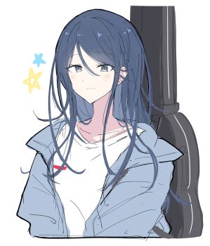 1girl black_hair blue_jacket closed_mouth collarbone commentary crew_neck cropped_torso dot_nose fami_1313 grey_eyes guitar_case hair_between_eyes highres hoshino_ichika_(project_sekai) instrument_case jacket light_blush long_hair long_sidelocks long_sleeves looking_at_viewer messy_hair open_clothes open_jacket project_sekai shirt sidelocks simple_background smile solo star_(symbol) symbol-only_commentary upper_body white_background white_shirt