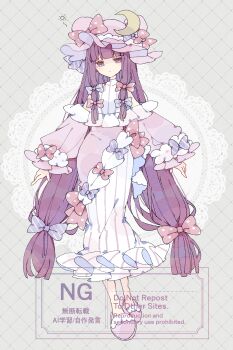 1girl absurdres alternate_costume alternate_hairstyle bow commentary_request crescent crescent_hat_ornament dress dress_bow expressionless full_body grid_background hair_bow hat hat_bow hat_ornament highres long_hair looking_at_viewer mob_cap multiple_hair_bows nikorashi-ka patchouli_knowledge pink_bow pink_hat pink_slippers purple_bow purple_eyes purple_hair slippers solo squeans striped_clothes striped_dress touhou twintails vertical-striped_clothes vertical-striped_dress very_long_hair watermark white_dress
