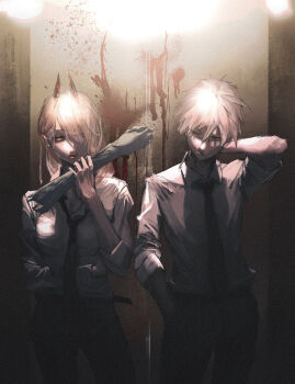 1boy 1girl absurdres black_necktie black_pants blonde_hair blood blood_on_wall breasts chainsaw_man collared_shirt cross-shaped_pupils demon_girl demon_horns denji_(chainsaw_man) elevator elevator_door guro hair_between_eyes hand_in_pocket hand_on_own_neck highres holding_limb horns light_particles lips long_hair looking_at_another necktie neg_(101neg) open_mouth pants partially_shaded_face power_(chainsaw_man) red_horns ringed_eyes severed_arm severed_limb shadow sharp_teeth shirt shirt_tucked_in short_hair sleeves_rolled_up symbol-shaped_pupils teeth white_shirt yellow_eyes