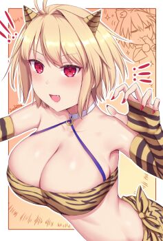 1girl :3 animal_ears animal_print antenna_hair arcueid_brunestud bikini bikini_top_only blonde_hair blush breasts cat_ears cat_girl chibi choker cleavage crescent elbow_gloves fang fingerless_gloves gloves highres horns large_breasts neco-arc open_mouth phantas-moon red_eyes short_hair solo soukitsu striped_clothes swimsuit tiger_print tsukihime