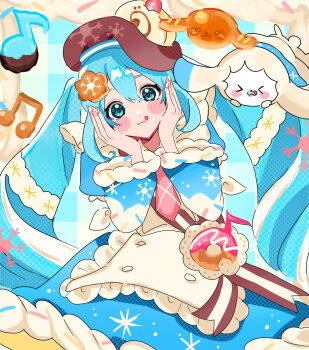 Rule 34 | > <, 1girl, apron, aqua eyes, aqua hair, blue bow, blue dress, blue sleeves, blush, boots, bow, bowtie, bread, brown hat, closed mouth, collared dress, commentary request, detached sleeves, dress, dress bow, food, food-themed clothes, food-themed hat ornament, frilled apron, frills, fur-trimmed sleeves, fur trim, hair between eyes, hair ornament, hat, hat ornament, hatsune miku, highres, long hair, long sleeves, medium dress, musical note-themed food, necktie, official alternate costume, official alternate hairstyle, pink necktie, puffy sleeves, rabbit, rabbit yukine, sleeve bow, snowflake print, snowflakes, sugarmonaka, thighhighs, tongue, tongue out, twintails, two-tone sleeves, very long hair, vocaloid, wavy hair, white apron, white rabbit (animal), white sleeves, wide sleeves, yuki miku, yuki miku (2026)