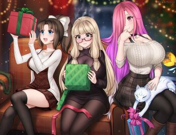 3girls animal animal_on_lap artist_name ayako_takahashi_(leonastreal) black_pantyhose black_thighhighs blue_eyes blunt_bangs blush bow box breasts brown_hair cat cat_on_lap christmas christmas_present cleavage cleavage_cutout clothing_cutout commentary commission couch curtained_hair embarrassed english_commentary feet_out_of_frame gift gift_box gigamessy glasses gradient_hair hair_bow hand_on_own_face hands_up happy heterochromia highres holding holding_gift huge_breasts large_breasts light_blush long_hair long_sidelocks low-tied_sidelocks medium_breasts multicolored_hair multiple_girls off-shoulder_sweater off_shoulder on_couch on_lap one_eye_covered open_mouth opening_presents original pantyhose pink_eyes pink_hair plaid_clothes plaid_skirt purple_hair semi-rimless_eyewear shizuka_hano_(leonastreal) sidelocks sitting skirt smile sweater thighhighs under-rim_eyewear velissia_(leonastreal) very_long_hair white_bow white_hair yellow_eyes