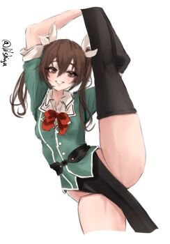 1girl asymmetrical_legwear bow bowtie brown_eyes brown_hair elbow_gloves gloves green_jacket hair_ribbon highres jacket kantai_collection lilshigu looking_at_viewer military_uniform one-hour_drawing_challenge parted_bangs pelvic_curtain red_bow red_bowtie ribbon side_slit simple_background single_elbow_glove single_glove single_thighhigh solo split standing standing_on_one_leg standing_split thighhighs tone_(kancolle) tone_kai_ni_(kancolle) twintails twitter_username white_background white_ribbon
