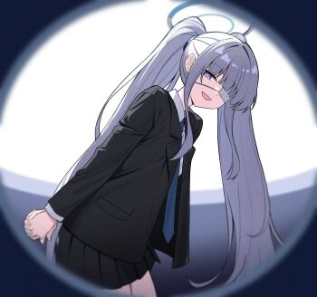 1girl arms_behind_back black_jacket black_skirt blue_archive blue_necktie collared_shirt eyepatch grey_hair hair_over_one_eye halo highres jacket long_hair looking_at_viewer medical_eyepatch monitoring_(vocaloid) necktie noa_(blue_archive) open_mouth pleated_skirt purple_eyes reia_76 shirt skirt solo twintails white_halo white_shirt