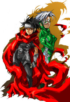 2boys avengers_(series) billy_kaplan black_hair cape glasses gloves green_eyes marvel multiple_boys silver_hair speed tommy_shepherd wiccan young_avengers