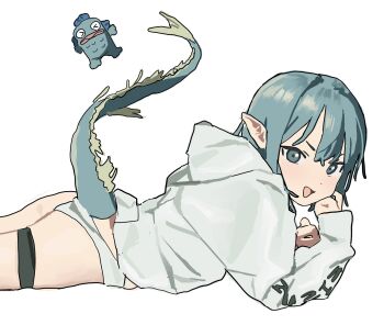 1girl azalaxy blue_eyes blue_hair commentary_request dragon_girl dragon_tail full_body highres hood hood_down hooded_jacket jacket looking_at_viewer lying on_stomach original panties pointy_ears short_hair simple_background solo tail underwear white_background white_jacket white_panties