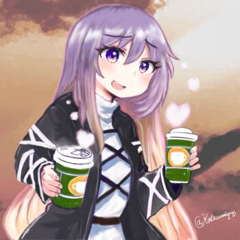 Rule 34 | 1girl, belt, black dress, blonde hair, blush, brown belt, commentary request, cowboy shot, cross-laced clothes, cross-laced dress, cup, dress, gradient hair, hands up, heart, holding, holding cup, katasumi, layered dress, long hair, looking at viewer, multicolored eyes, multicolored hair, open mouth, purple eyes, purple hair, sidelocks, signature, smile, solo, steam, touhou, two-tone dress, two-tone eyes, very long hair, white dress, yellow eyes