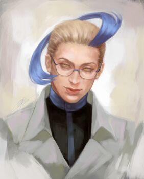 1boy black_jacket blonde_hair buttons closed_mouth coat collared_coat colress_(pokemon) commentary glasses highres jacket male_focus multicolored_hair nintendo omurizer pokemon pokemon_bw2 solo two-tone_hair upper_body yellow_eyes