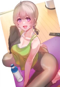 1girl :d ass bare_arms bare_shoulders barefoot between_legs blush bottle bra breasts brown_pants controller ev_(dai00888) exercising from_above green_shirt grey_hair hand_between_legs highres holding holding_towel indoors large_breasts long_hair looking_at_viewer mole mole_under_mouth open_mouth original panties pants purple_eyes remote_control see-through_clothes shiny_clothes shirt sitting sleeveless sleeveless_shirt smile solo spread_legs sweat taut_clothes taut_pants thong towel underwear wariza water_bottle wet wet_clothes wet_shirt wooden_floor yoga_pants