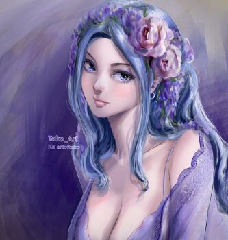 1girl blue_eyes blue_eyeshadow blue_hair breasts cleavage closed_mouth commentary earrings eyeshadow flower_wreath highres instagram_username jewelry long_hair looking_at_viewer makeup mascara nefertari_vivi one_piece pink_lips sidelocks smile solo stupidtako upper_body