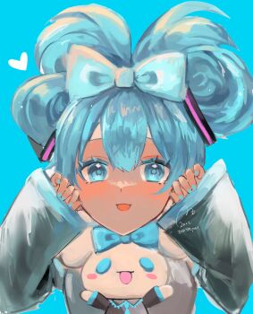 Rule 34 | 1girl, blue bow, blue eyes, blue hair, blush, bow, cinnamiku, cinnamiku hairstyle, cinnamoroll, commentary request, detached sleeves, eyelashes, folded twintails, fuwa fuwa cinnamoroll, grey shirt, hair bow, hatsune miku, highres, looking at viewer, matching outfits, sanrio, shirt, sleeveless, sleeveless shirt, smile, updo, upper body, usagimarumei, vocaloid