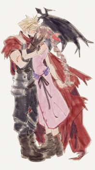 1boy 1girl absurdres aerith_gainsborough belt black_pants black_shirt black_wings blonde_hair blush boots bracelet braid braided_ponytail brown_boots brown_gloves brown_hair center_opening cloak closed_eyes cloud_strife commission dress final_fantasy final_fantasy_vii full_body gloves hair_between_eyes hair_ribbon hand_on_another's_cheek hand_on_another's_face highres imminent_kiss jewelry kingdom_hearts long_dress long_hair mmariesr multiple_bracelets official_alternate_costume pants parted_bangs pink_dress purple_belt red_cloak red_ribbon ribbon shirt short_hair sidelocks silver_bangle single_braid single_wing sleeveless sleeveless_dress spiked_hair standing torn_cloak torn_clothes white_background wings