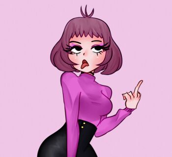 1girl 2023 ahoge alery_y alternate_hairstyle animification arm_at_side black_eyes black_skirt blush bob_cut breasts commentary dot_nose english_commentary eyeshadow female_focus gorillaz highres lips long_sleeves makeup medium_breasts middle_finger noodle_(gorillaz) pink_background purple_eyeshadow purple_hair purple_shirt rolling_eyes shirt short_hair sideways_glance skirt solo tongue tongue_out upper_body