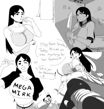 1girl ;d black_hair bow breasts coco_(setawar) dithering dress dress_bow greyscale hair_ornament hairpin high_contrast highres holding holding_knife knife large_breasts long_hair looking_at_viewer mask mega_milk mizuki_hamasaki monochrome multiple_views nervous_sweating one_eye_closed open_mouth polka_dot polka_dot_dress scared school_uniform serafuku smile speech_bubble sweat world_of_horror