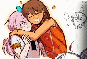 Rule 34 | ..., 1boy, 1girl, anger vein, arrow (symbol), aubrey (faraway) (omori), aubrey (omori), blue hairband, brown hair, chibi, closed eyes, crop top, dark-skinned male, dark skin, double-parted bangs, grin, hair between eyes, hairband, jacket, kel (faraway) (omori), kel (omori), long hair, looking at another, omori, open clothes, open jacket, parted lips, pasuta928008, pink hair, short-sleeved jacket, short hair, short sleeves, smile, speech bubble, spoken ellipsis, teeth, traditional media, white jacket