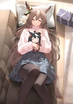 1girl ^_^ absurdres animal_ears brown_hair character_doll closed_eyes closed_mouth doll highres horse_ears horse_girl horse_tail kitasan_black_(crowning_ooban)_(umamusume) kitasan_black_(umamusume) long_hair long_sleeves lying on_back pink_sweater satono_diamond_(umamusume) solo sunny_(20597521) sweater tail turtleneck turtleneck_sweater umamusume