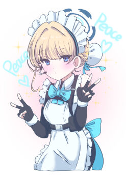 1girl absurdres apron bare_shoulders black_gloves blonde_hair blue_archive blue_bow blue_bowtie blue_eyes blue_ribbon blush bow bowtie braid closed_mouth commentary_request cowboy_shot detached_sleeves dot_nose double_v english_text fingerless_gloves giorgio_(yo_sumire_sola1) gloves hair_bun hair_intakes hair_ribbon headset heart highres looking_at_viewer maid maid_apron maid_headdress medium_hair ribbon simple_background single_hair_bun solo sparkle standing toki_(blue_archive) v white_background