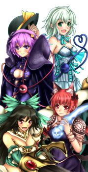 4girls :3 akroma akroma_(cosplay) alternate_costume alternate_weapon animal_ears armor black_hair blush cat_ears cat_girl cat_tail cleavage_cutout clothing_cutout cosplay female_focus green_eyes green_hair heart highres hozenkakari kaenbyou_rin komeiji_koishi komeiji_satori long_hair magic:_the_gathering mirri mirri_(cosplay) multiple_girls multiple_tails purple_eyes red_eyes red_hair reiuji_utsuho restoration_angel restoration_angel_(cosplay) short_hair siblings sisters tail teysa_karlov teysa_karlov_(cosplay) third_eye touhou weapon