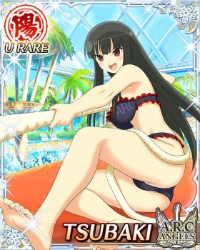 1girl barefoot beach_chair bikini black_bikini black_hair border breasts card_(medium) character_name english_text game_cg hime_cut indoors large_breasts long_hair official_alternate_costume official_art open_mouth palm_tree pool red_eyes senran_kagura senran_kagura_new_wave sitting smile solo splashing swimsuit tree tsubaki_(senran_kagura) tug_of_war water