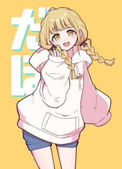 1girl asari_shiguren1 black_ribbon blonde_hair blue_shorts blush braid braided_twintails commentary_request cowboy_shot drawstring fang fujita_kotone gakuen_idolmaster hair_ornament hair_ribbon hairclip hand_up highres hood hood_down hoodie idolmaster leaning_to_the_side long_hair long_sleeves looking_at_viewer low_twintails open_mouth puffy_long_sleeves puffy_sleeves ribbon school_emblem shorts simple_background skin_fang sleeves_past_wrists solo text_background translation_request twin_braids twintails white_hoodie yellow_background yellow_eyes