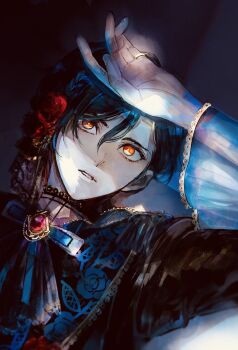 1boy akuma_shitsuji_to_kuroi_neko arm_up asymmetrical_bangs black_hair black_lace_trim black_shirt black_veil blue_flower blue_ribbon blue_rose blue_sleeves braid dorsiflexion expressionless floral_print flower gem hair_flower hair_ornament haures_clifford head_tilt high_collar highres jewelry lace lace_trim long_sleeves looking_up male_focus neck_ribbon nonoko_(meg36544) orange_eyes pale_skin pendant print_shirt red_eyes red_flower red_gemstone red_rose ribbon ring rose rose_print sanpaku see-through_clothes see-through_sleeves shirt solo upper_body veil white_trim wide_sleeves