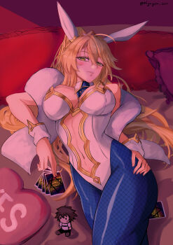 1girl absurdres animal_ears arciel_(nijuyon_zen) artoria_pendragon_(fate) artoria_pendragon_(lancer)_(fate) artoria_pendragon_(swimsuit_ruler)_(fate) bare_shoulders blonde_hair blue_pantyhose blush breasts card cleavage clothing_cutout commentary detached_collar english_commentary fate/grand_order fate_(series) fishnets green_eyes hair_between_eyes highres large_breasts leotard long_hair looking_at_viewer lying navel navel_cutout necktie pantyhose parted_lips pillow playboy_bunny ponytail rabbit_ears sidelocks smile solo upper_body white_leotard wrist_cuffs