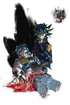 2boys 99ki5 amputee android black_hair black_shirt blood blood_from_forehead blood_from_mouth blood_on_clothes blood_on_face blood_on_hands blue_coat blue_eyes blue_hair bomber_jacket brown_gloves bruno_(yu-gi-oh!) cable chibi chibi_inset coat death deep_wound denim dirty dirty_face disembowelment drop_shadow elbow_gloves face_in_shadow facial_mark facing_another facing_up fudo_yusei gloves guro hair_slicked_back highres injury jacket jeans kneeling leaning_on_person looking_ahead lying male_focus mechabare mixed-language_commentary multiple_boys on_back on_ground open_clothes open_coat pants pool_of_blood popped_collar quadruple_amputee shaded_face shirt shoulder_pads spiked_hair striped_clothes striped_coat striped_shirt torn_clothes torn_jeans torn_pants turning_head white_background white_coat wire yu-gi-oh! yu-gi-oh!_5d's
