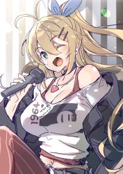 1girl absurdres ajishio antenna_hair bare_shoulders belt black_jacket blonde_hair blue_ribbon cevio commentary crop_top green_eyes hair_ornament hair_ribbon hairclip highres holding holding_microphone jacket long_hair looking_at_viewer microphone one_eye_closed open_clothes open_jacket open_mouth pants ponytail red_pants ribbon shirt smile solo tank_top tsurumaki_maki upper_body very_long_hair voiceroid white_shirt