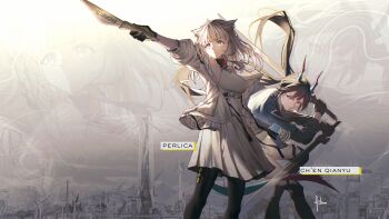 Rule 34 | 2girls, absurdres, animal ears, arknights, arknights: endfield, artist name, belt, bird ears, bird girl, black gloves, black hair, black pantyhose, blue eyes, blue horns, blue tail, character name, chen qianyu (arknights), closed mouth, commentary, copyright name, death stranding, dragon girl, dragon horns, dragon tail, dress, dual wielding, english commentary, feet out of frame, gloves, high belt, highres, holding, holding sword, holding weapon, horns, jacket, long hair, long sleeves, looking at viewer, looking to the side, multicolored horns, multicolored tail, multiple girls, open clothes, open jacket, pantyhose, parody, parted lips, perlica (arknights), pink horns, red tail, signature, sleeveless, sleeveless dress, standing, sword, tail, title parody, varhan zuhair, weapon, white dress, white jacket