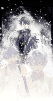 3boys absurdres aged_down ahoge backpack bag black_coat black_hair black_shirt coat curtained_hair dual_persona fading grin hair_between_eyes highres kim_dokja lantercat male_focus motion_blur multiple_boys no_eyes oldest_dream omniscient_reader&#039;s_viewpoint popped_collar shirt short_hair smile snow talking upper_body white_shirt yoo_joonghyuk