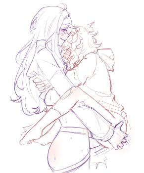 2girls blush carrying carrying_person closed_eyes commentary_request dildo doki_doki_literature_club grabbing_another's_ass groping hood hoodie long_hair medium_hair monochrome multiple_girls natsuki_(doki_doki_literature_club) parted_lips pockiseisont sex sex_toy smile spanish_commentary standing standing_sex strap-on sweat two_side_up vaginal yuri yuri_(doki_doki_literature_club)
