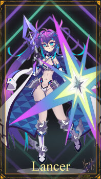 Rule 34 | 1girl, :3, absurdly long hair, aqua eyes, aqua hair, bandaid, bandaid on face, bandaid on nose, blush, boots, border, bradamante (fate), breasts, cleavage, closed mouth, coat, coat on shoulders, commentary, derivative work, elbow gloves, english commentary, eyelashes, fate/grand order, fate (series), full body, gloves, hair between eyes, hair intakes, hair ornament, hairclip, highres, hip armor, holding, holding polearm, holding shield, holding weapon, long hair, melody (projektmelody), mr. mo.oth, multicolored hair, navel, open clothes, open coat, polearm, purple hair, revealing clothes, shield, sidelocks, signature, smile, solo, stomach, twintails, very long hair, virtual youtuber, vshojo, weapon, white boots, white coat, winged boots