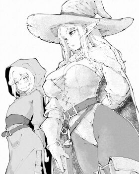 2girls :/ arm_behind_back belt belt_buckle blush breast_envy breasts buckle cape closed_mouth commentary cowboy_shot ear_piercing elf english_commentary gloves greyscale hat highleg highleg_leotard highres hood hood_up hooded_dress large_breasts leotard long_hair looking_ahead looking_at_another looking_at_breasts miregeist monochrome multiple_girls original pantyhose parted_bangs piercing pointy_ears short_hair shrug_(clothing) simple_background white_background witch witch_hat