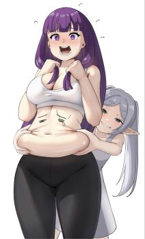 Rule 34 | 2girls, bare arms, bare shoulders, belly grab, black pants, blush, body writing, breasts, commentary request, cowboy shot, dress, elf, fern (sousou no frieren), flying sweatdrops, frieren, grabbing from behind, grabbing own hair, green eyes, grey hair, grin, highres, holding, holding own hair, large breasts, muffin top, multiple girls, navel, open mouth, pants, parted lips, pointy ears, purple eyes, purple hair, simple background, smile, sousou no frieren, sports bra, standing, sweat, twintails, white background, white dress, white sports bra, workout clothes, yami anko, yoga pants