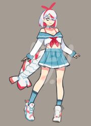 Rule 34 | bare shoulders, blue socks, bow, breasts, cleavage, cropped shirt, hair bow, hair over one eye, midriff peek, milkytiddyboy, multicolored hair, neckerchief, original, red hair, red neckerchief, shoes, shrimp girl, shrimp tail, skirt, sneakers, socks, stomach, tagme, white eyes, white hair