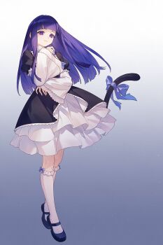 1girl aluce black_dress black_shoes blue_eyes blunt_bangs cat_tail chinese_commentary closed_mouth commentary_request dress frederica_bernkastel frilled_dress frills full_body gradient_background gradient_hair highres lolita_fashion long_hair long_sleeves looking_at_viewer mary_janes multicolored_hair purple_eyes shoes sidelocks simple_background smile socks solo standing tail umineko_no_naku_koro_ni white_socks witch