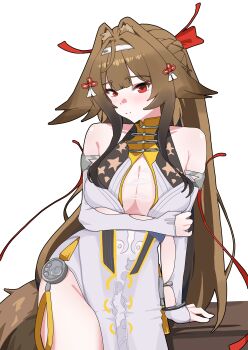 1girl absurdres animal_ear_fluff animal_ears arm_support armlet bare_shoulders blush breasts brown_hair brown_tail china_dress chinese_clothes closed_mouth clover clover_hair_ornament collarbone commentary_request cowboy_shot dress droopy_ears frust1532 hair_ornament hairband hand_on_own_arm highres jewelry large_breasts long_hair looking_at_viewer red_eyes see-through_clothes silver_armlet simple_background smile solo tail very_long_hair white_background white_dress white_hairband ye_shunguang zenless_zone_zero